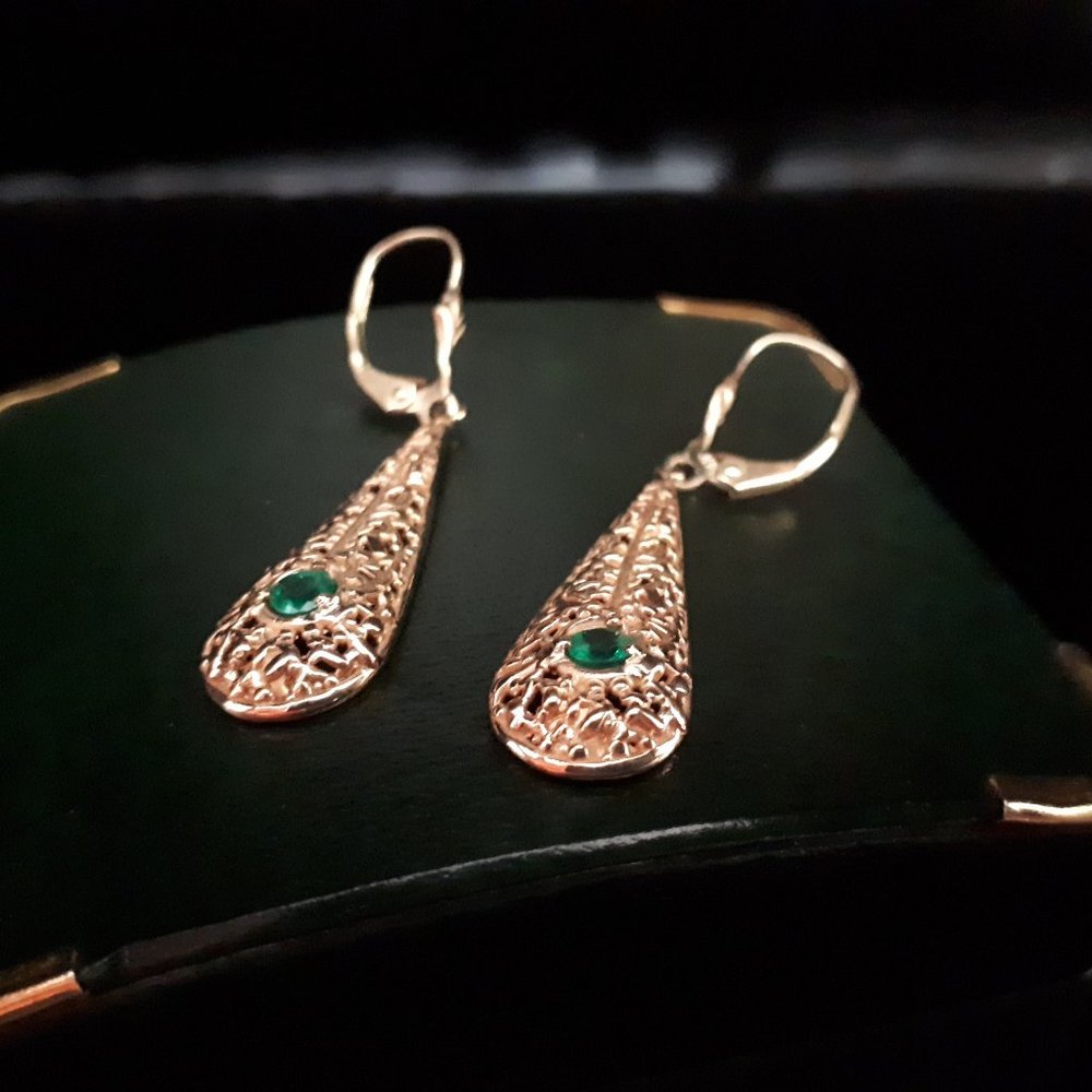 OOAK 14K Gold and Emerald Earrings - Picture 3 of 11